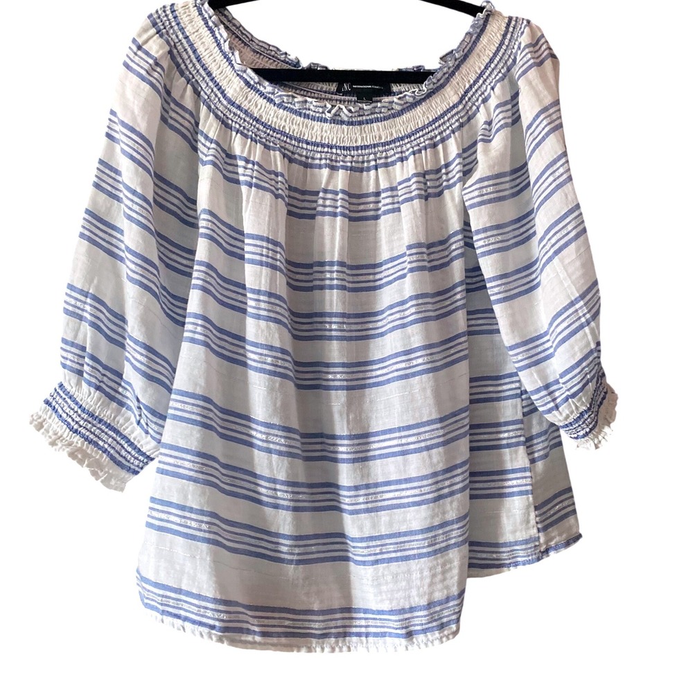 INC International Concepts White and Blue Striped Off-Shoulder Blouse
